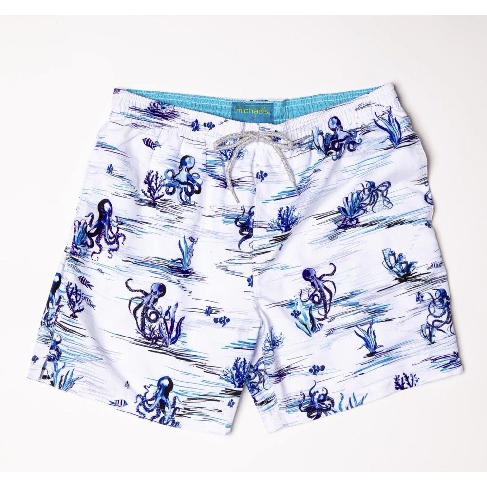 Michael's Swimwear Mens “Octopi” Swim Trunks Blue/White Mesh Lined - XL - NWT